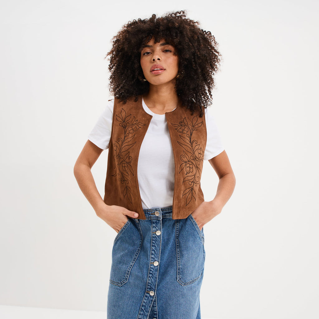Veste sans manches brodée en suédine marron femme - 1