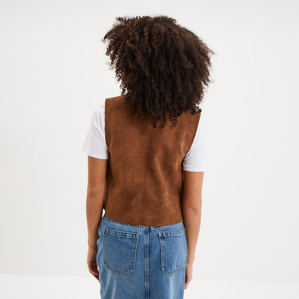 Veste sans manches brodée en suédine marron femme - 2