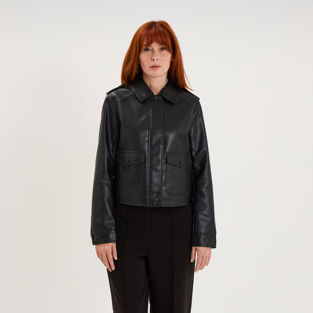Veste similicuir col chemise courte noir femme - 1