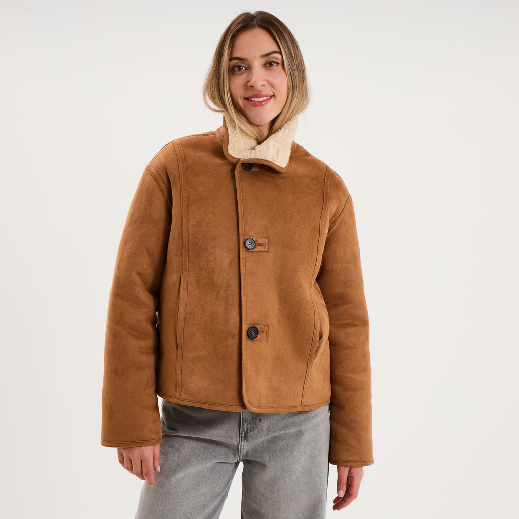 Veste suédine réversible polaire camel femme - 1