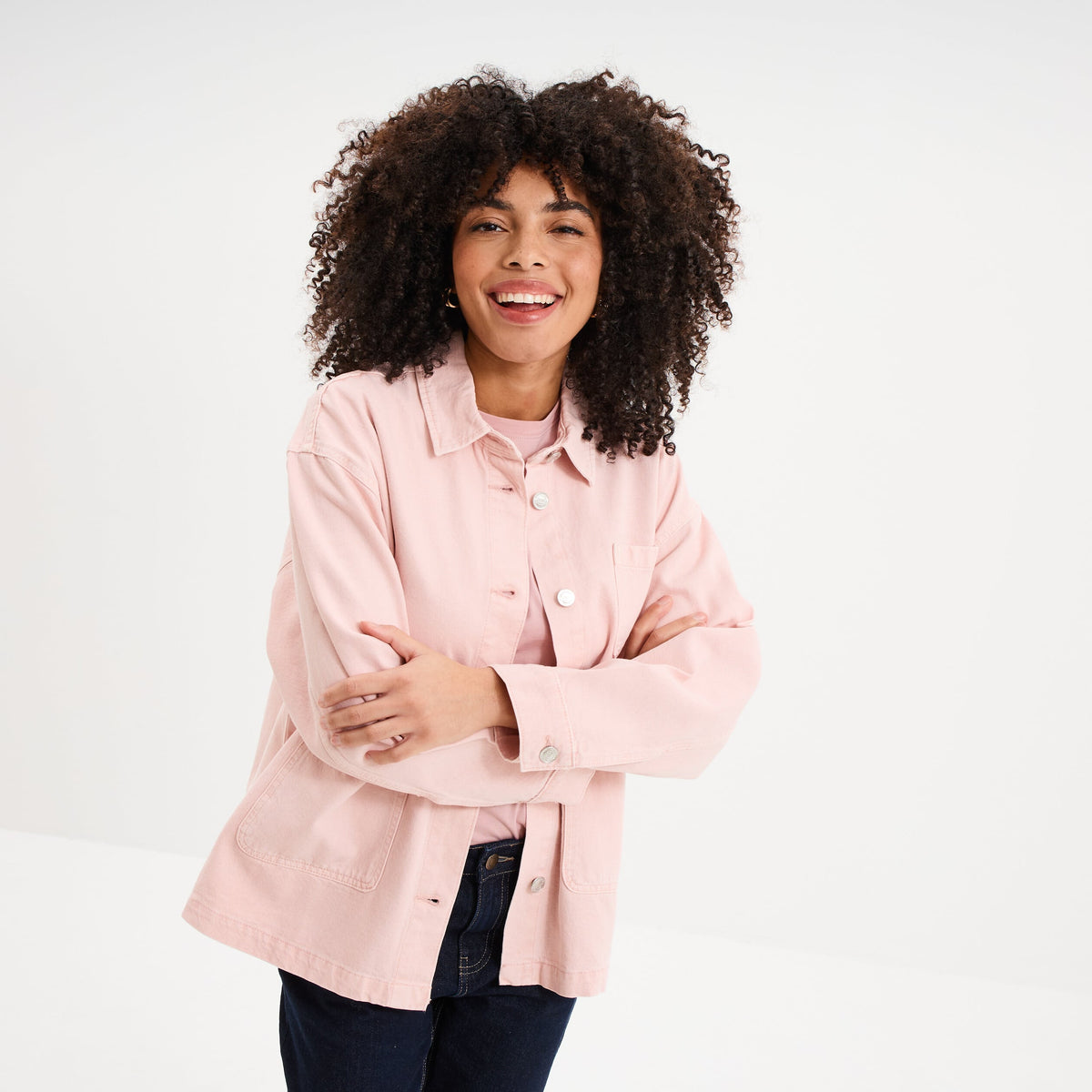 Veste surchemise oversize coton rose clair femme - 1